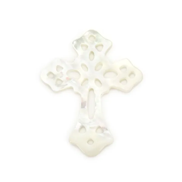 Madrepérola branca cruz com padrão decorado 24x30mm x 1 peça