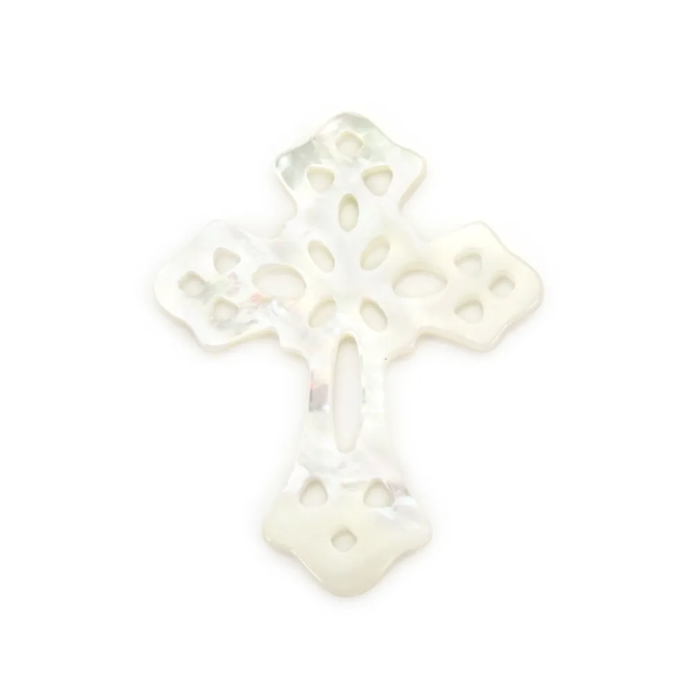 Madrepérola branca cruz com padrão decorado 24x30mm x 1 peça