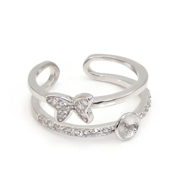 Adjustable double row butterfly ring for semi pierced - cubic zirconia & Rhodium plated 925 Silver x 1pc
