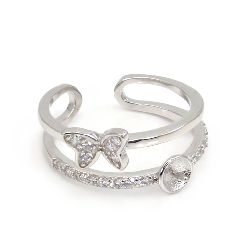 Adjustable double row butterfly ring for semi pierced - cubic zirconia & Rhodium plated 925 Silver x 1pc