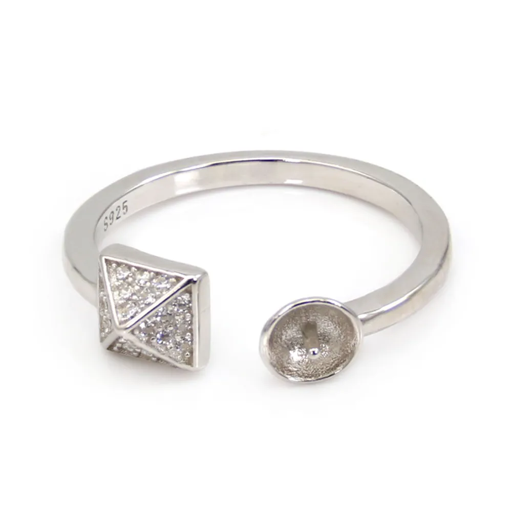Adjustable pyramid ring for semi pierced - cubic zirconia & Rhodium plated Silver x 1pc
