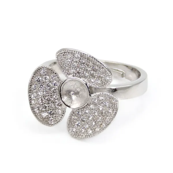 Anillo ajustable de flor con 3 pétalos para semi percé - circonita cúbica y Plata de Ley 925 rodinada x 1ud.