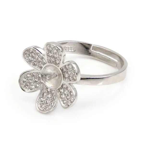Anillo ajustable de flor con 6 pétalos para semi perforado - circonita cúbica y Plata de Ley 925 rodinada x 1ud.