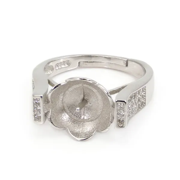 Anillo ajustable grueso coupelle de flor para semi perforado - circonita cúbica y Plata de Ley 925 rodinada x 1ud