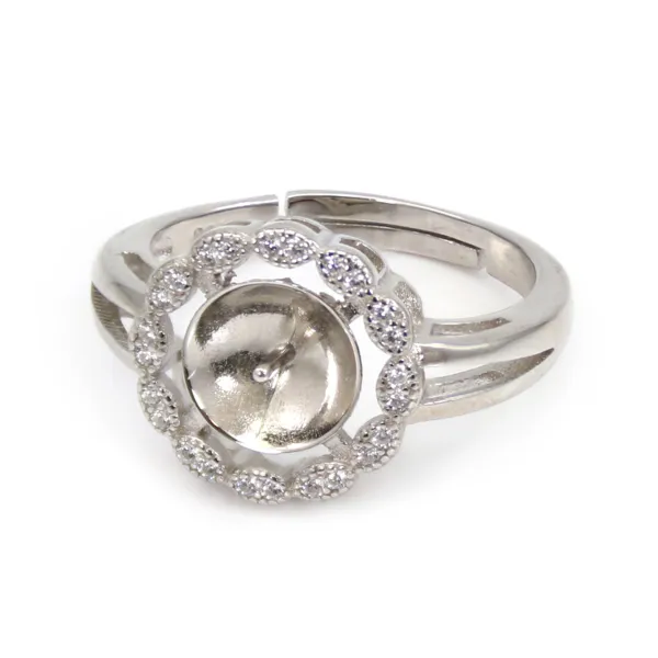 Adjustable ring with stylized circle for semi pierced - cubic zirconia & Rhodium-plated Silver x 1pc