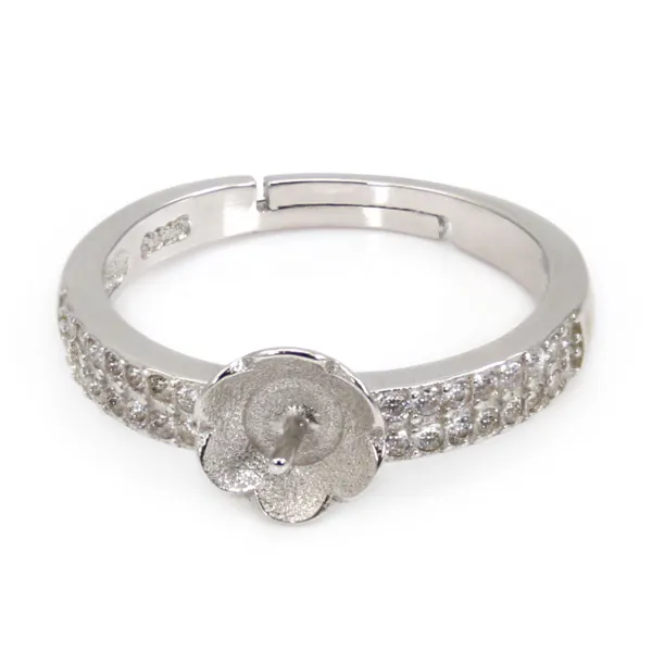Bague réglable coupelle fleur pour semi percé - oxyde zirconium & Argent 925 rhodié x 1pc