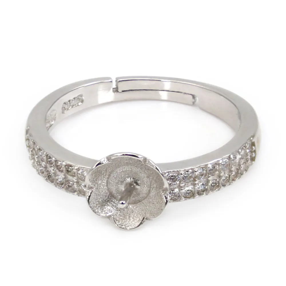Adjustable ring setting flower for half-drilled - cubic zirconia & Rhodium plated Silver x 1pc