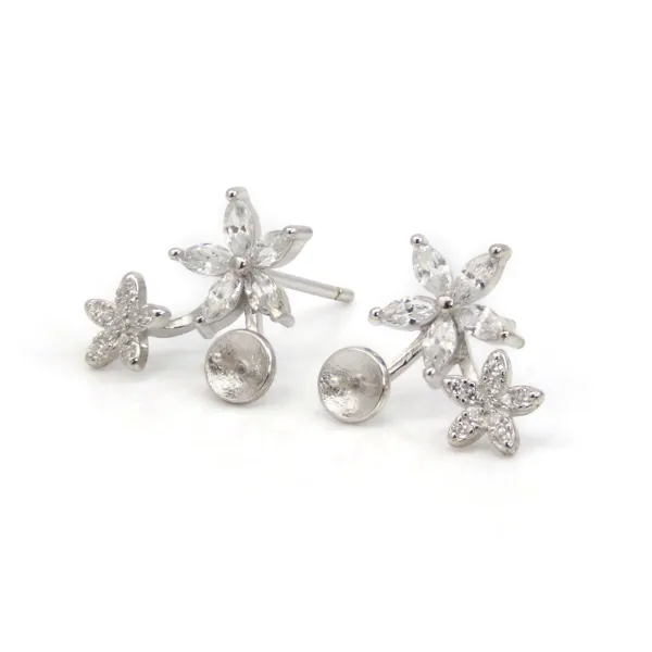 Pendientes de botón duo flores 5 pétalos para semipresado 12mm - circonita cúbica y Plata de ley 925 rodinada x 2 uds.