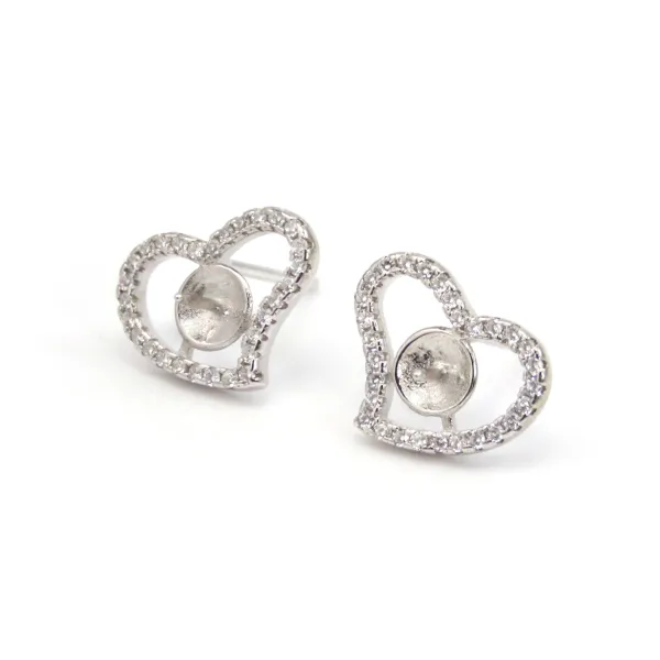 Pendientes de corazón pavé para semipercing 11x14mm - circonita cúbica y Plata de ley 925 rodinada x 2 uds.