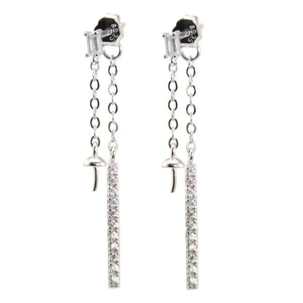Clous d'oreilles strass & Poussoirs pavé pour semi percé 3x35mm - oxyde de zirconium & Argent 925 rhodié x 2pcs