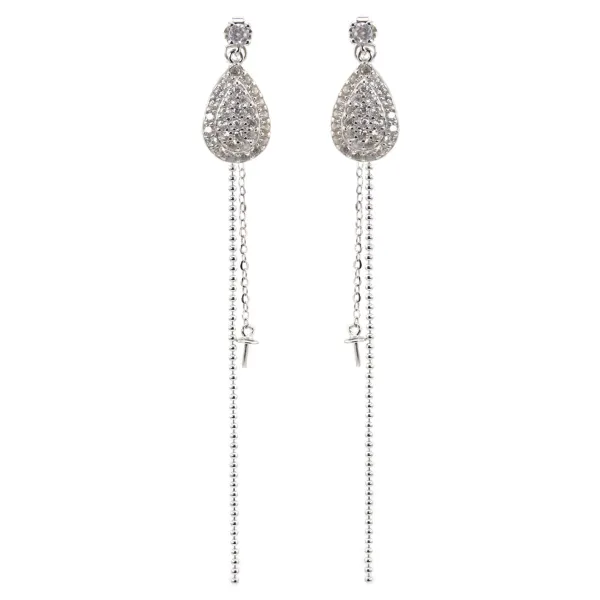 Earrings with pavé drop and Chain push backs for Semi pierced 10x21mm - cubic zirconia & Rhodium plated Silver x 2pcs