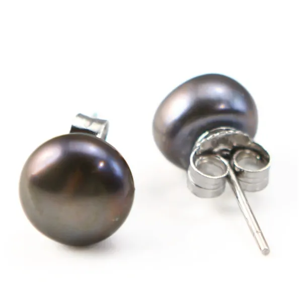 Brown/Purple Cultured Pearl Button Earrings 8-9mm - Rhodium-plated 925 Silver x 2pcs