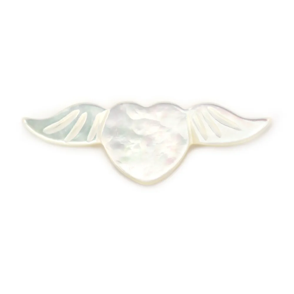 White mother-of-pearl 8x24mm winged heart with iridescent shimmer for DIY creations