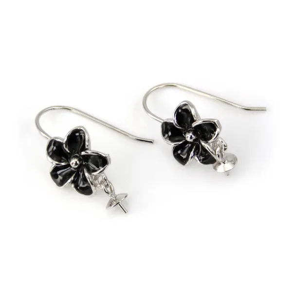 Croci d'orecchie fiore nero 10x23mm in argento 925 rodiato per semi-forato con montatura personalizzabile
