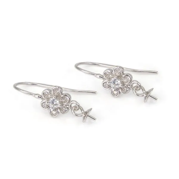 Crochet orecchini fiore per perle semi forate in argento 925 rodiato con zirconia