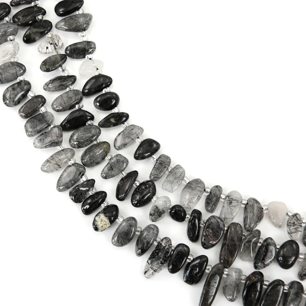 Long chip beads in Black Rutilated Quartz on thread