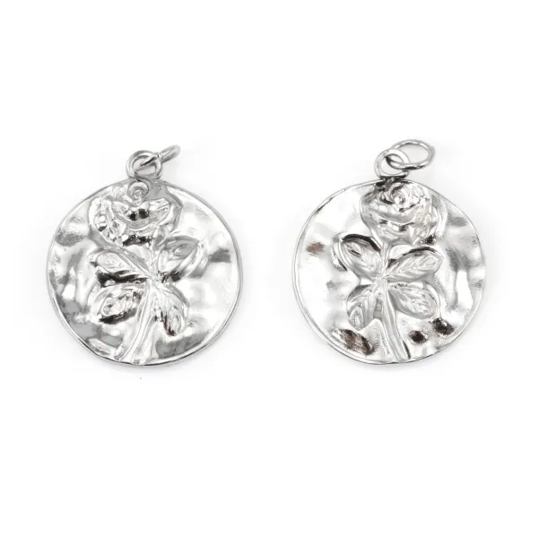 Pendentif médaillon rose 18x21mm - Acier Inox 304 x 1pc