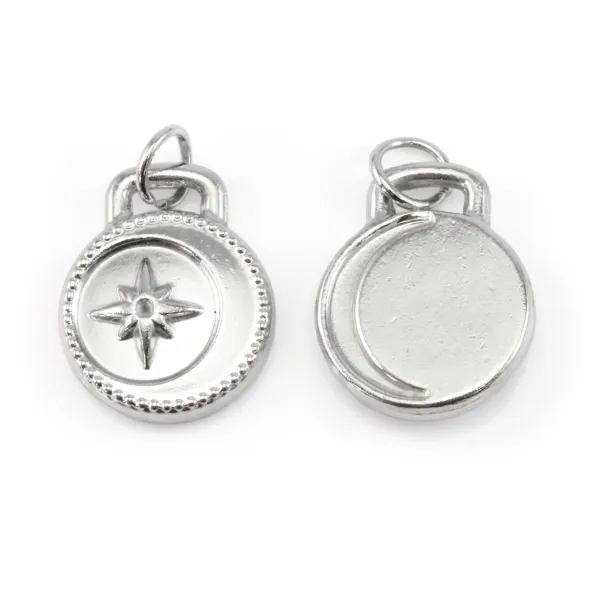 Breloque Pendentif médaillon lune et étoile 12x15mm - Acier Inox 304 x 1pc