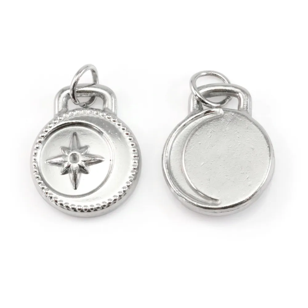 Breloque Pendentif médaillon lune et étoile 12x15mm - Acier Inox 304 x 1pc