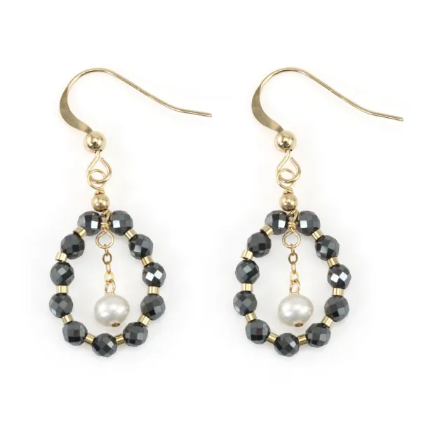 Orecchini in oro, ematite e perle d'acqua dolce