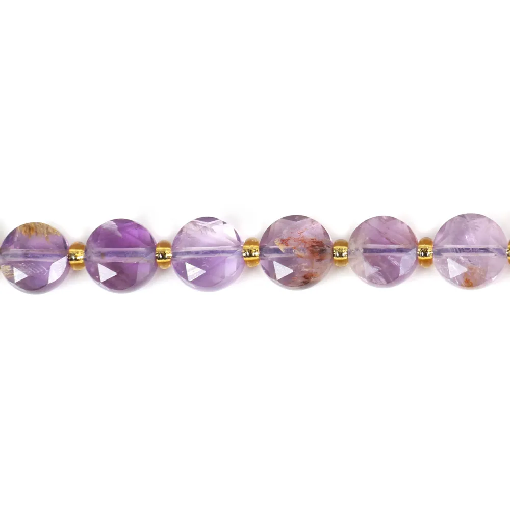 Quartzo Fantasma roxo redondo plano facetado 8mm - Pérolas DIY