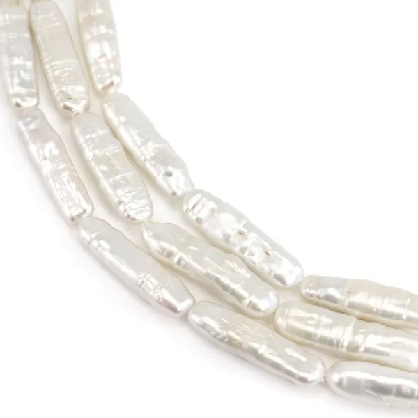 Perles de culture d'eau douce, blanche, tube baroque, 6-8mm x 38cm