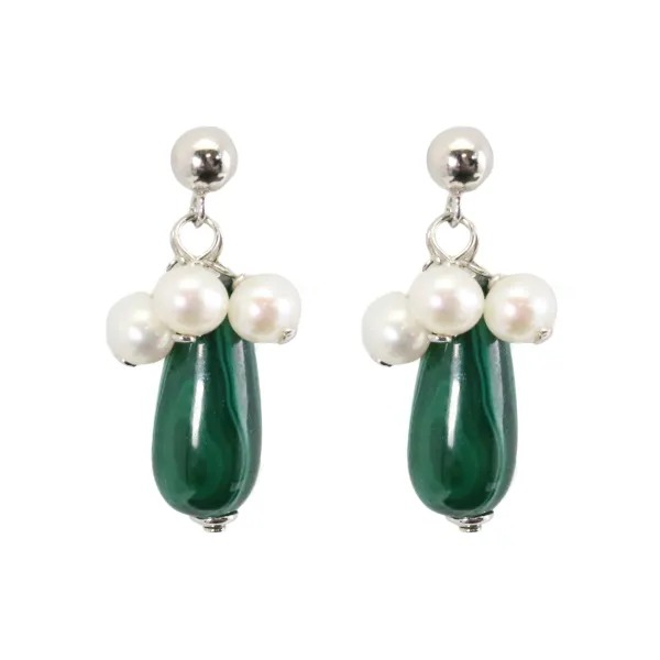 Orecchini argento 925 malachite & perle d'acqua dolce x 2pcs