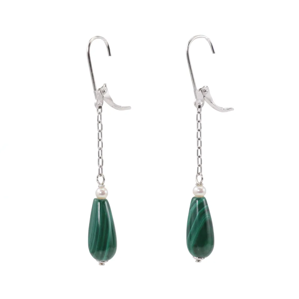 925 silver earrings malachite & freshwater pearl x 2pcs