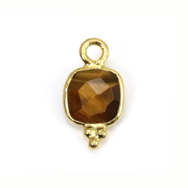 Square faceted Tiger Eye charm set in 925 silver gilded with fine gold 7x13mm x 1pc