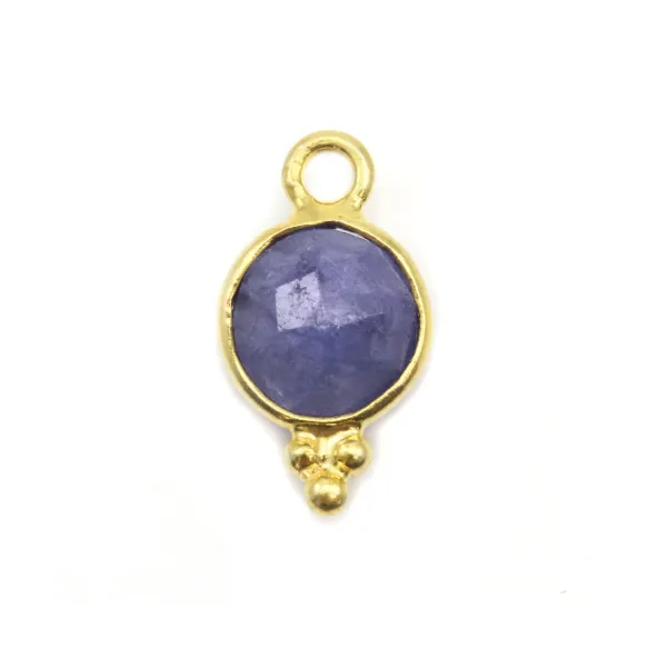 Round faceted sapphire color treated stone charm on gold gilt silver 7x13mm x 1pc