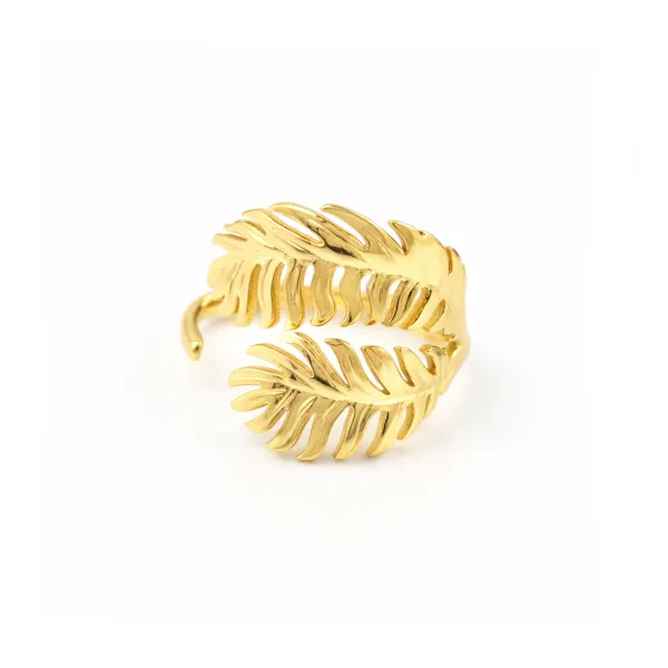 Adjustable duo feather ring - 304 gold plated stainless steel x 1pc