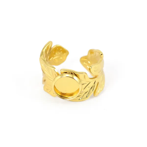 Thick adjustable leaf ring for 8mm cabochon - Gold plated 304 stainless steel x 1pc
