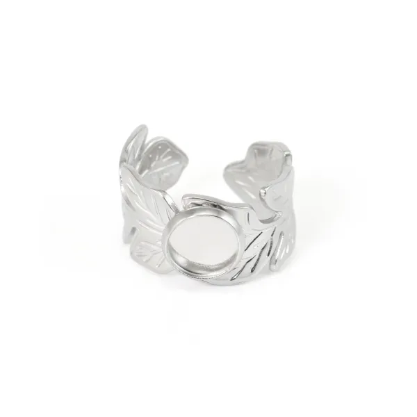 Anel grosso ajustável folha para cabochão 8mm - Aço inox 304 x 1pc