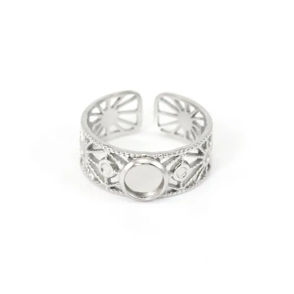 Anillo ajustable de fantasía calado para cabujón de 6mm - Acero inoxidable 304 x 1pc