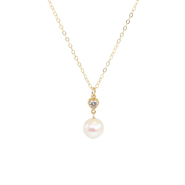 Collier coeur & Perle de culture - oxyde de zirconium & Gold Filled x 1pc