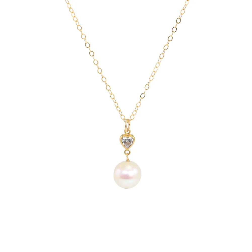 Collier coeur & Perle de culture - oxyde de zirconium & Gold Filled x 1pc