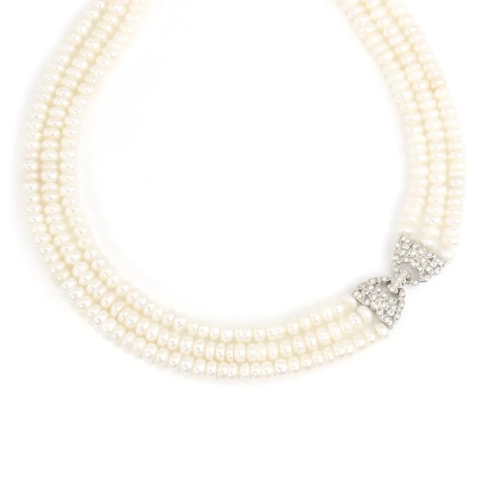 Collar Perla de cultivo blanca rodaja 5mm - 3 hileras - Plata 925 rodiada x 1pc