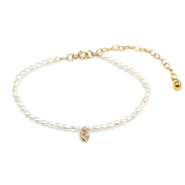 Heart & cultured pearl bracelet - zirconium oxide & Gold Filled x 1pc