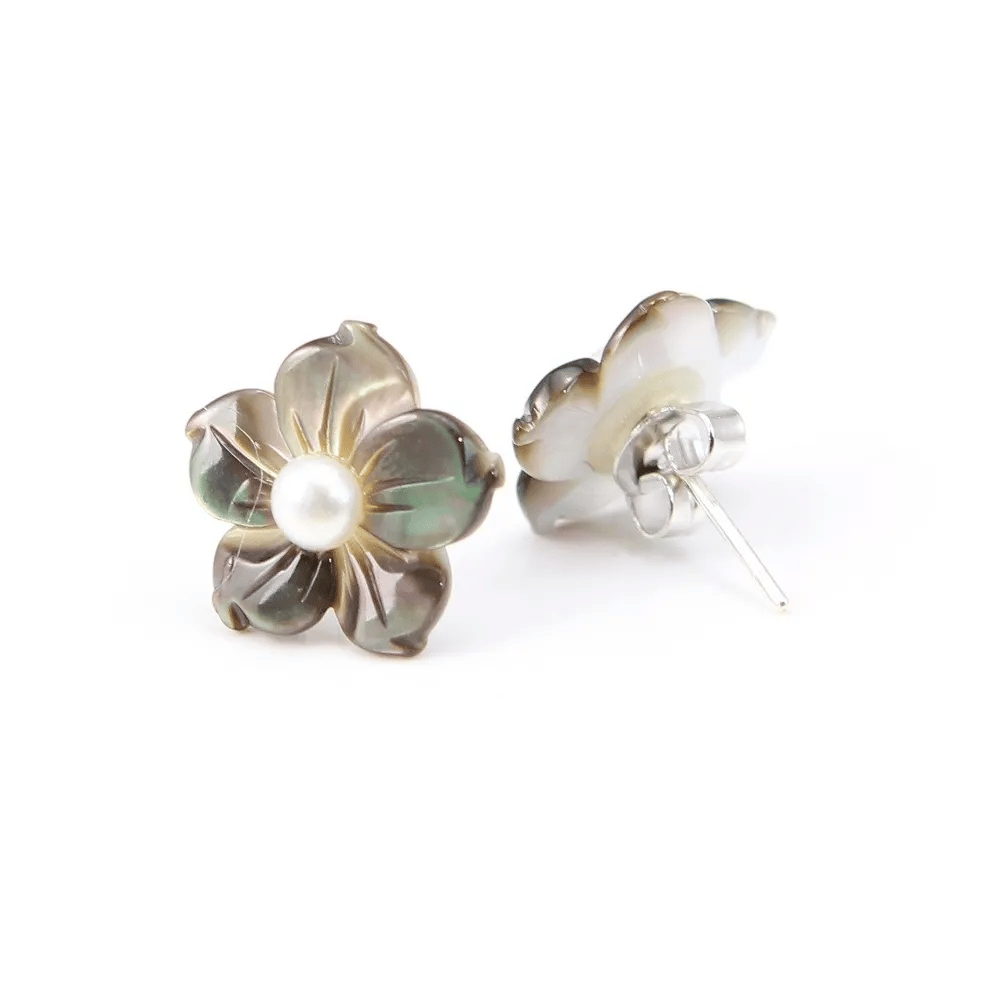 Boucles d'oreilles : nacre grise en fleur & argent 925 15mm x 2pcs 