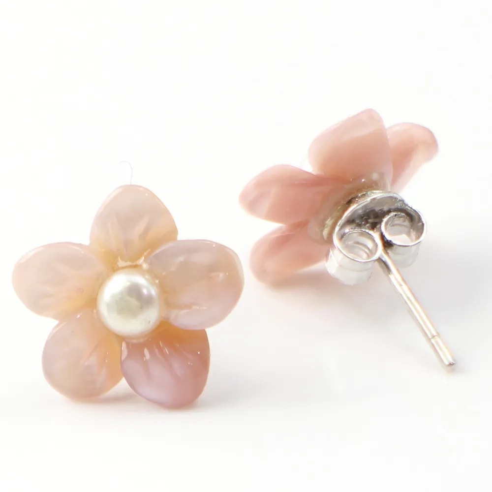 Boucles d'oreilles : nacre rose en fleur & argent 925 12mm x 2pcs 