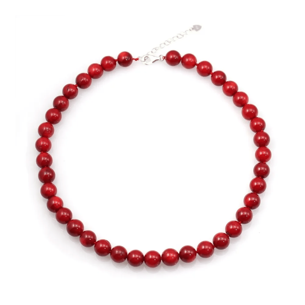 COLLIER SIMPLE BAMBOO MER TEINTE ROUGE ROND 11MM FERMOIR EN ARG925 
