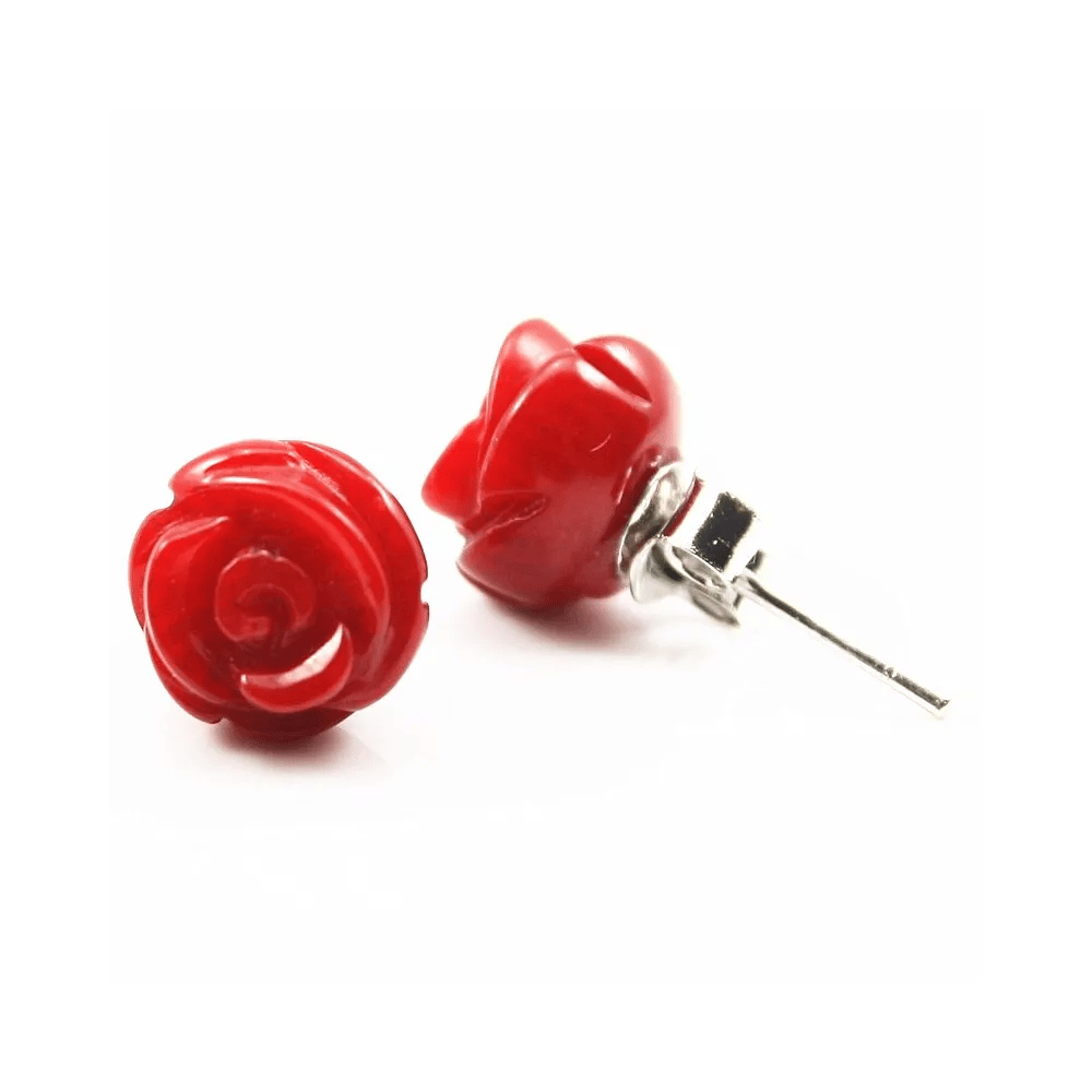 Boucle d'oreille argent 925  Fleur En Bamboo Mer Teinte Rouge 9mm x 2pcs 