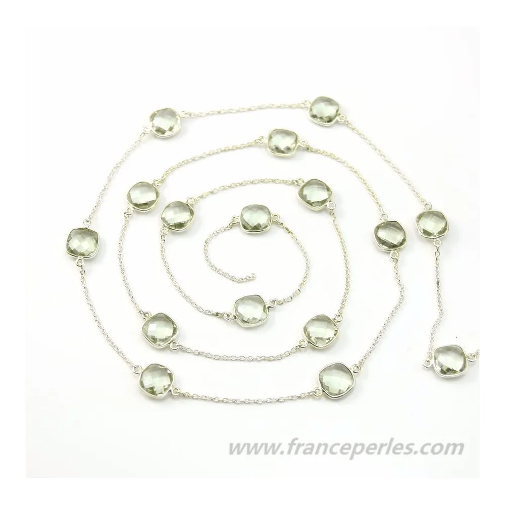 Chaîne Argent  avec Prasiolite Sertie Carré  11mm x 50cm