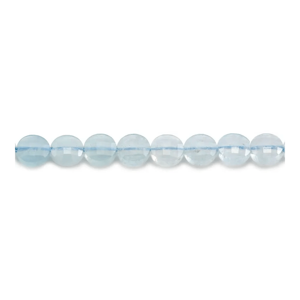 Aigue marine de couleur bleu, de forme ronde plate facetté 6mm x 39cm