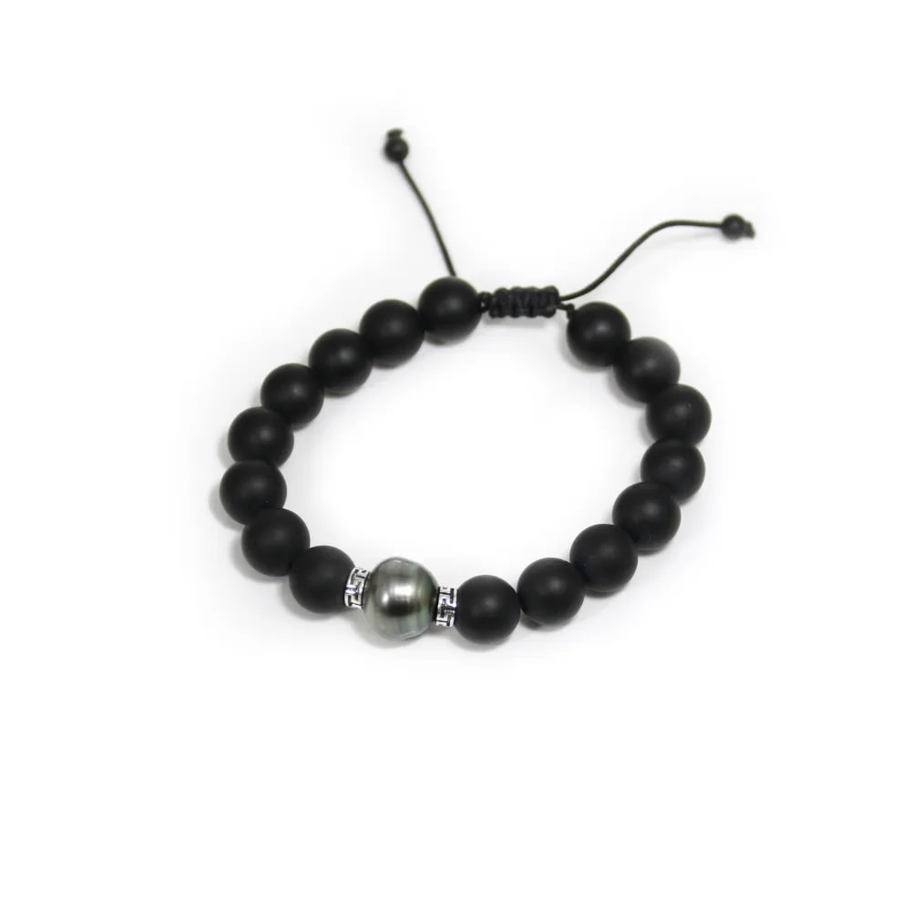 Bracelet d'agate noire matte & perle de culture de Tahiti x 1pc