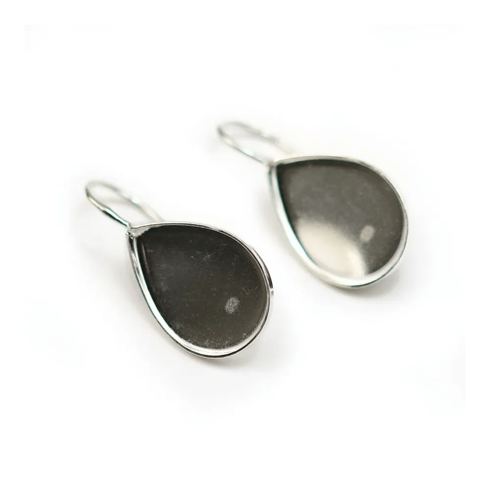 Crochets d'oreilles portes cabochon fond plat goutte , argent 925 ,13x18mm x  2pcs 