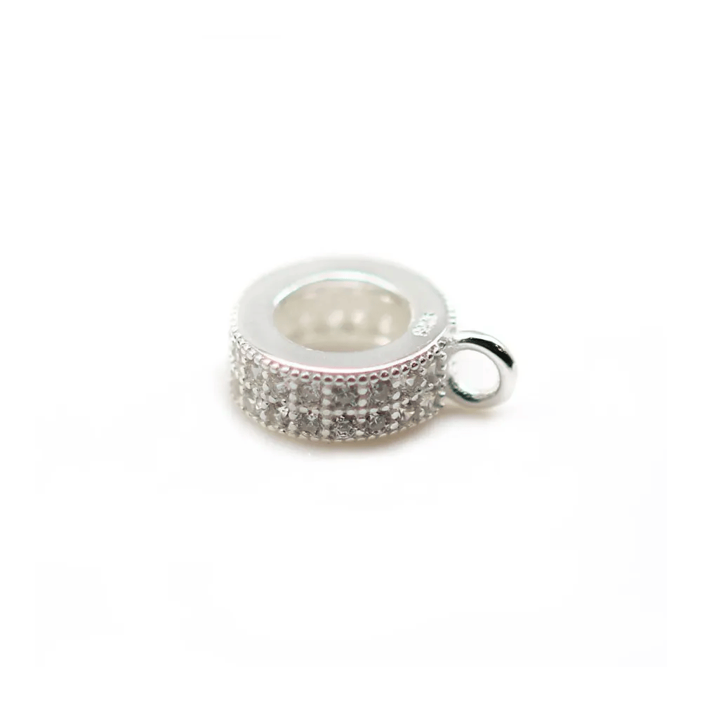 Pendentif & strasse ronde+zircons, Argent 925 rhodié, 10mm  x1pc