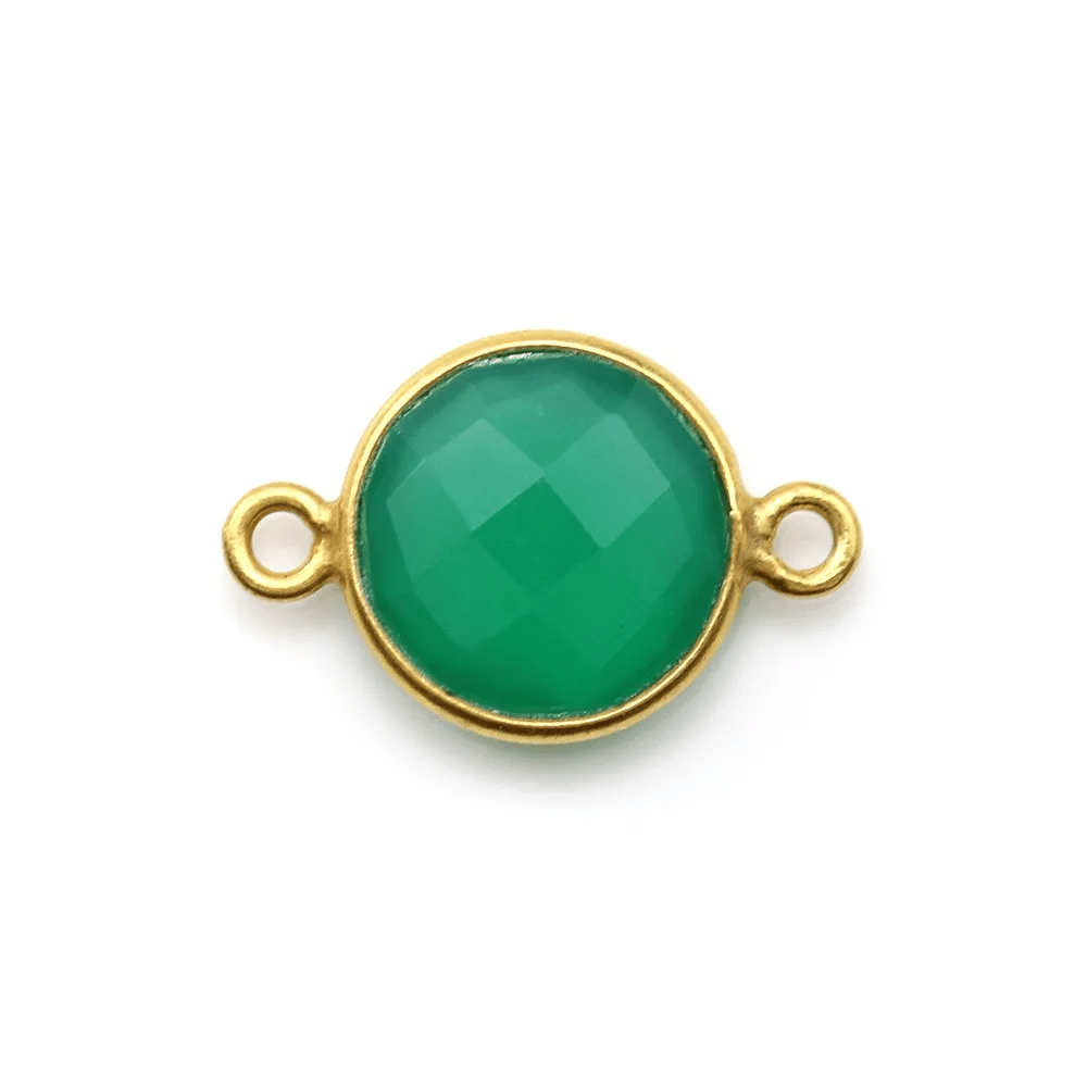 Agate verte ronde facettée 2 anneaux sertie sur argent doré 11mm x 1pc