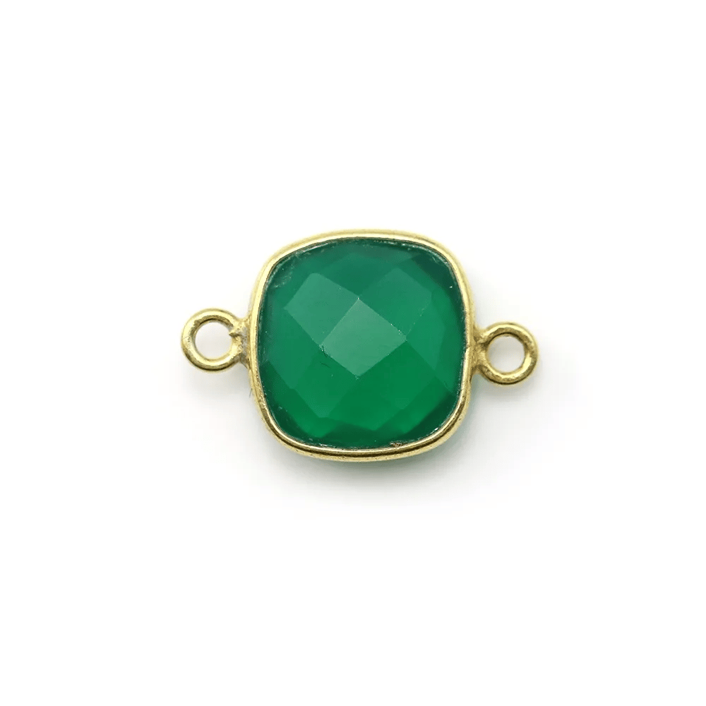 Agate verte coussin facetté 2 anneaux sertie sur argent doré 11mm x 1pc