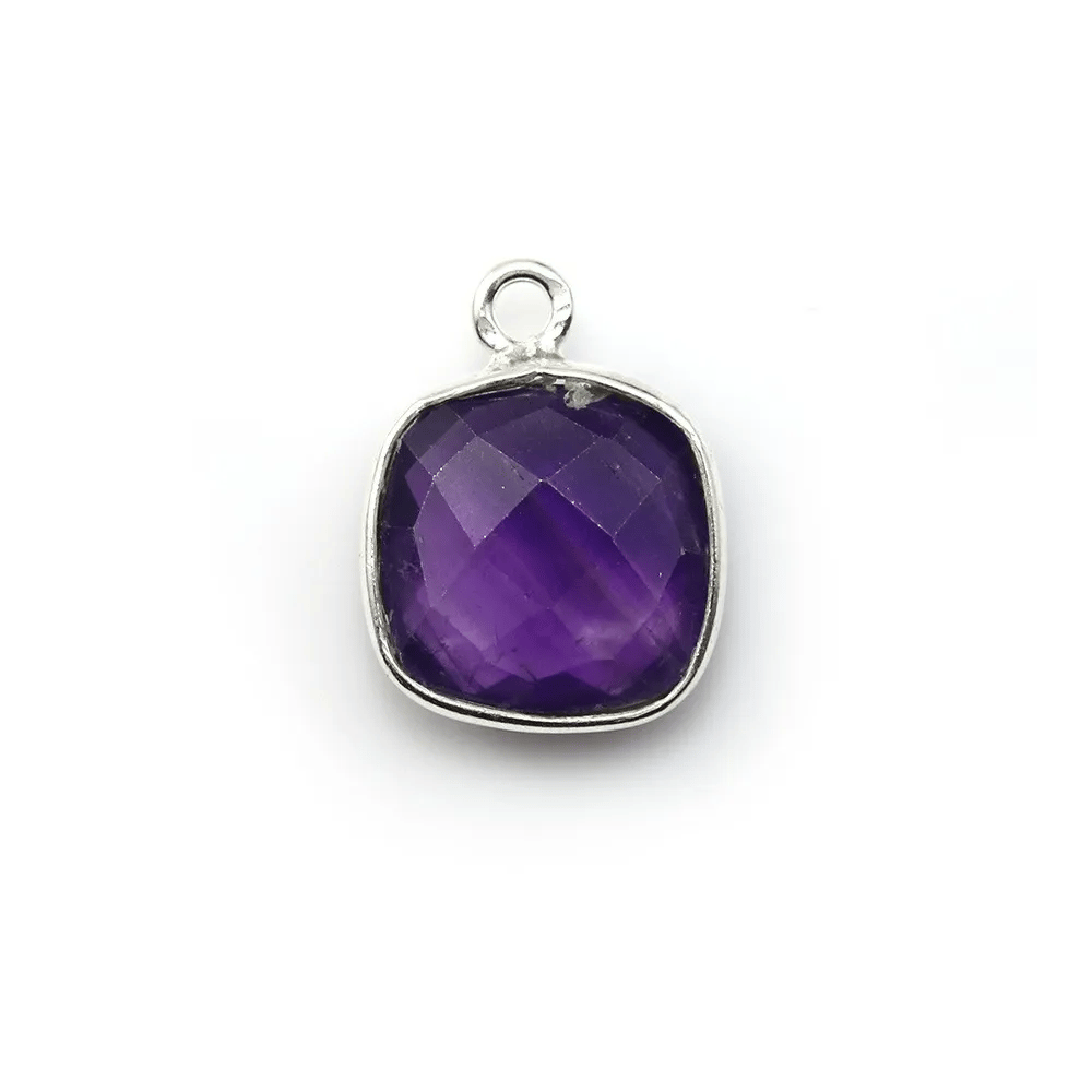 Faceted cushion cut amethyst set in 925 sterling silver 11mm x 1pc